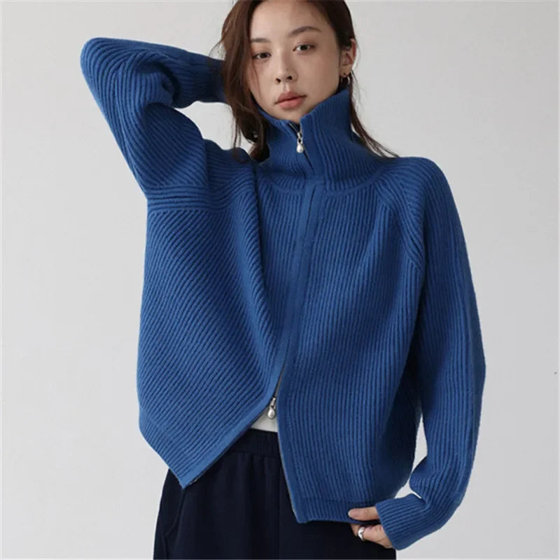 Astrid | Women Ribbed Double Zip Turtleneck Knit Cardigan