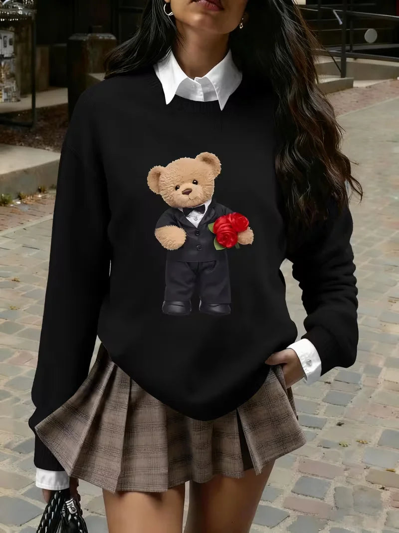 Women's Cute Bear Print Knit Sweater - Heavyweight Crewneck Pullover