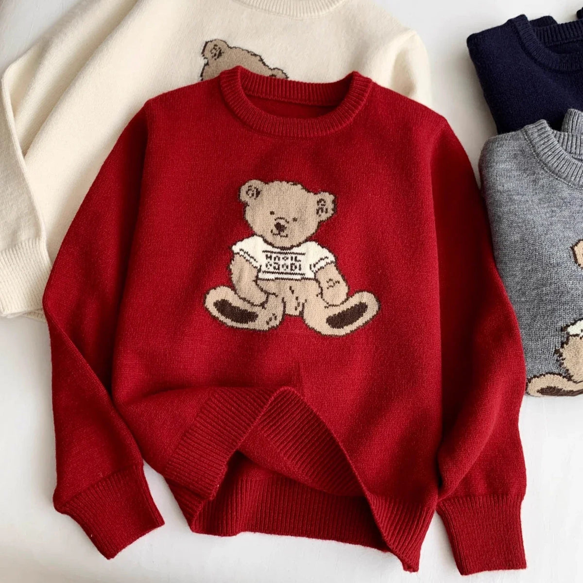 Women's Vintage Cartoon Bear Embroidered Knit Sweater - Harajuku Crewneck Pullover