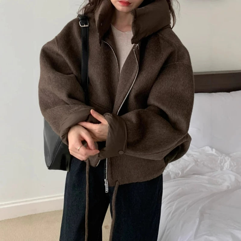 Women's Thick Warm Hooded Outwear - Cozy Solid Zip Woolen Coat