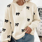Women's Sweet Bow Jacquard Knit Sweater - Casual Loose Crewneck Pullover
