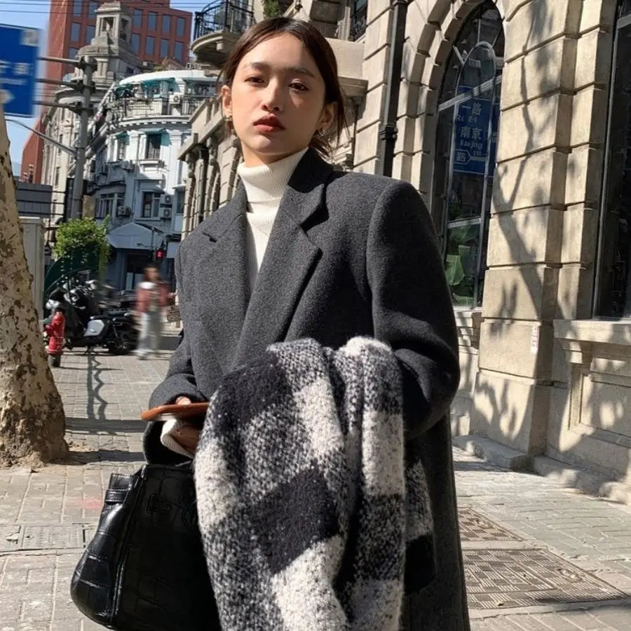 Women's British Style Thick Woolen Coat - Retro Loose Blazer Outcoat