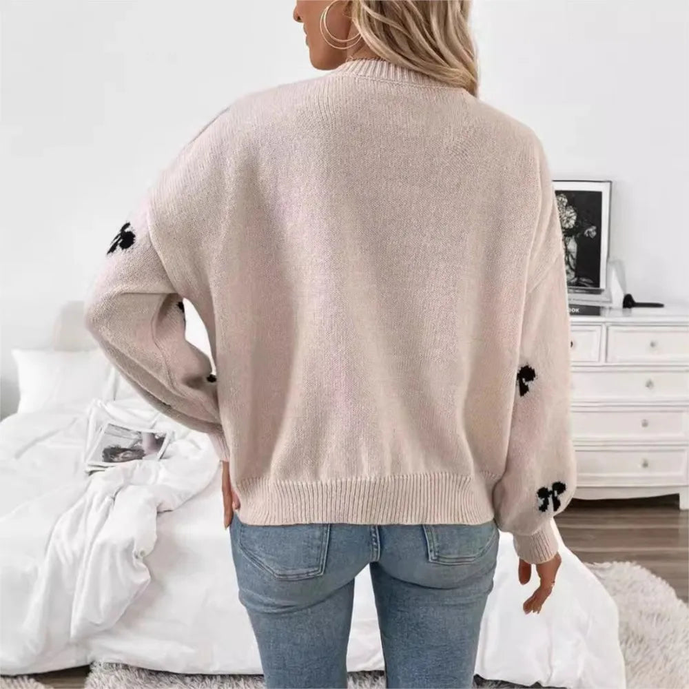 Women's Sweet Bow Jacquard Knit Sweater - Casual Loose Crewneck Pullover