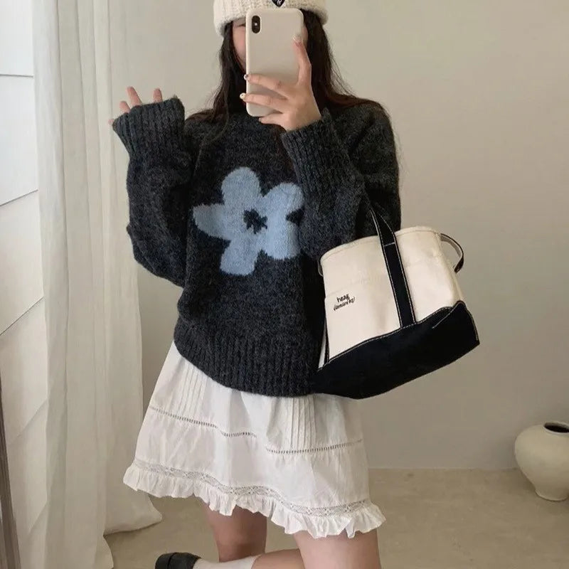 Women's Sweet Floral Print Knit Sweater - Casual Loose Fall Pullover