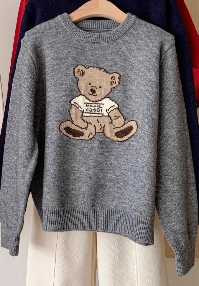 Women's Vintage Cartoon Bear Embroidered Knit Sweater - Harajuku Crewneck Pullover
