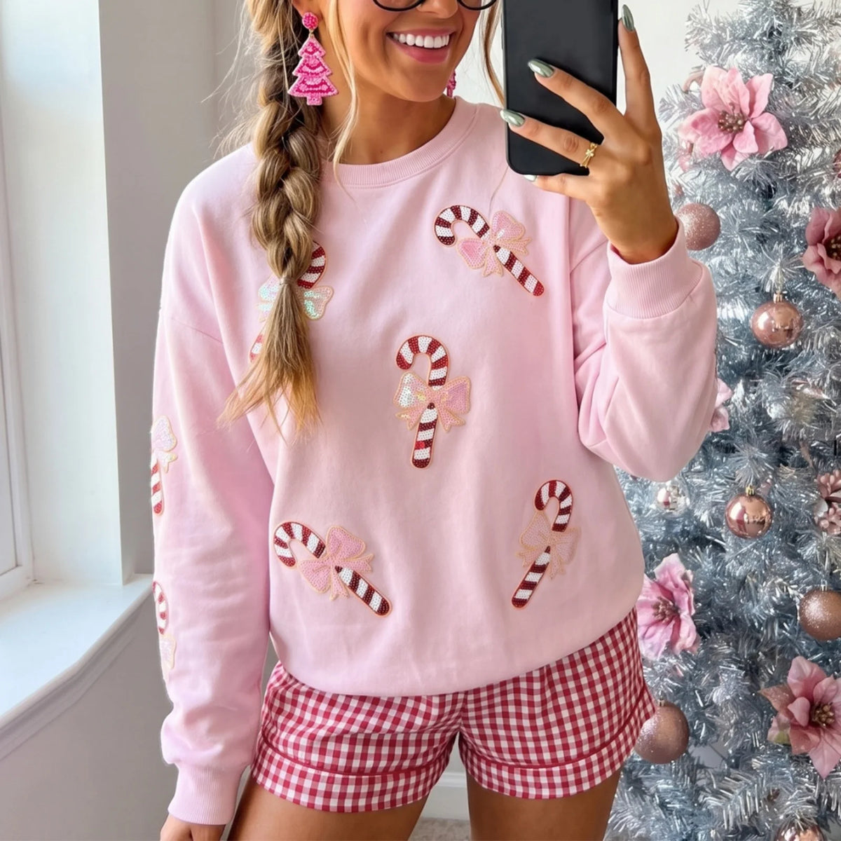 Matilda | Women Sequin Candy Cane Patch Christmas Sweatshirt