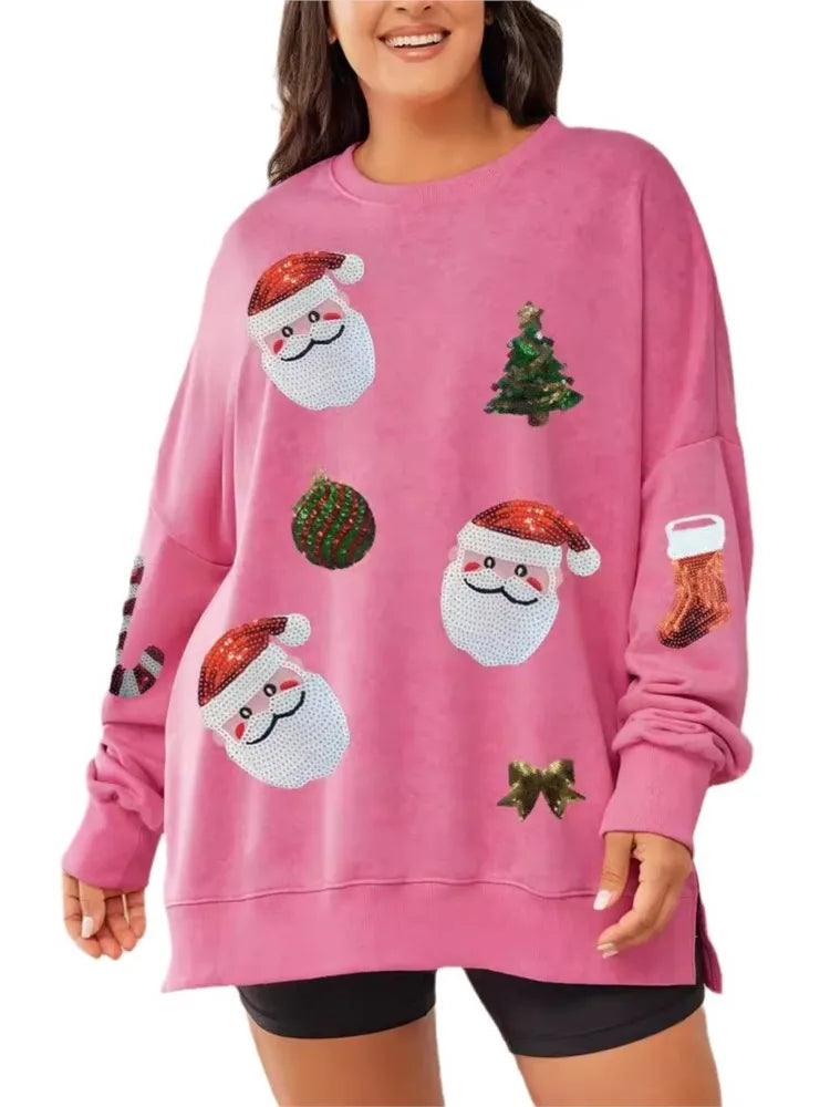 Nadia | Women Loose Fit Santa Print Crew Neck Christmas Sweatshirt