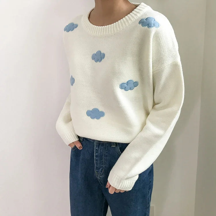 Women's Vintage Cloud Knit Sweater - Korean Style Loose Crewneck Pullover