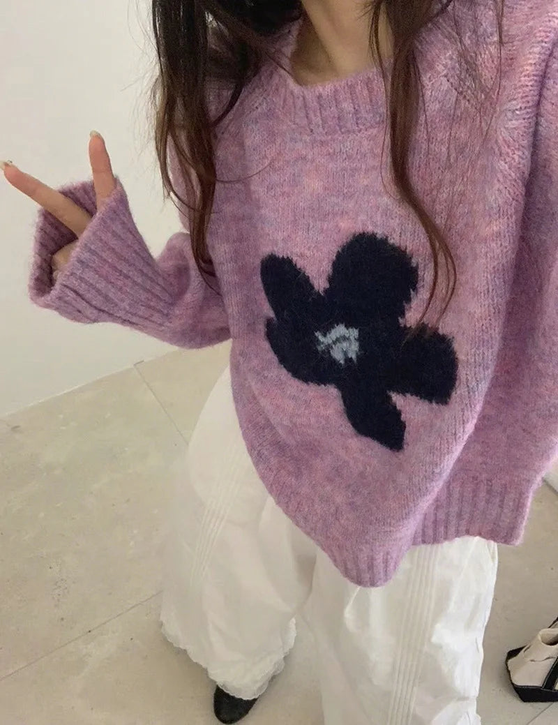 Women's Sweet Floral Print Knit Sweater - Casual Loose Fall Pullover