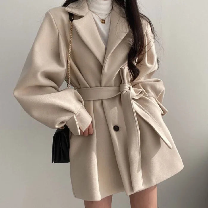 Women's Vintage Lantern Sleeve Woolen Coat - Single-Breasted Belted Winter Overcoat