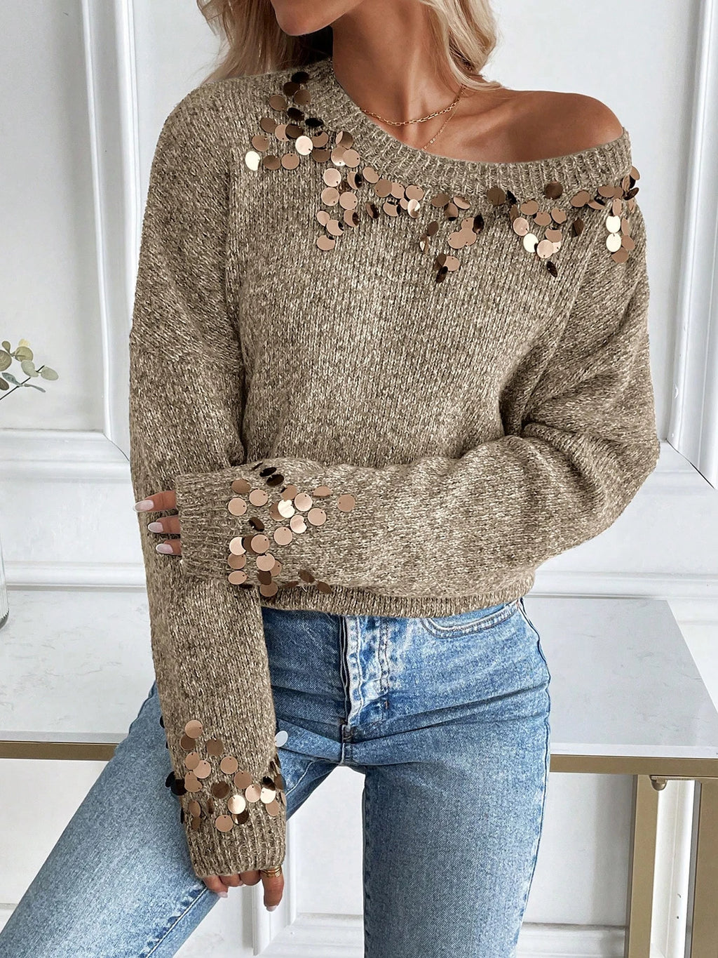 Thea | Women Sequin Round Neck Holiday Party Knit Sweater