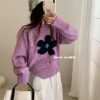 Women's Sweet Floral Print Knit Sweater - Casual Loose Fall Pullover