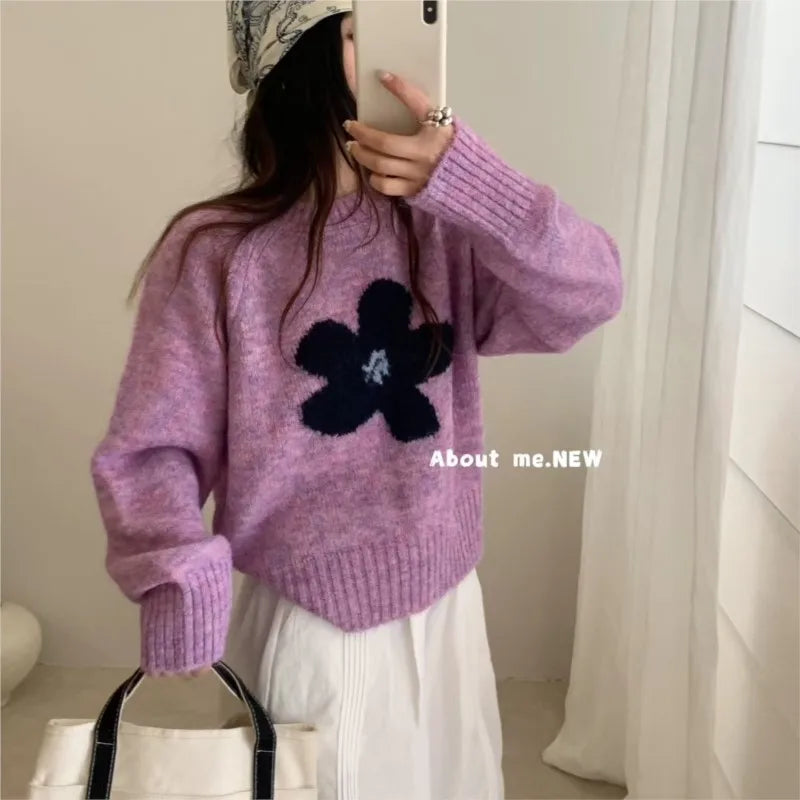 Women's Sweet Floral Print Knit Sweater - Casual Loose Fall Pullover