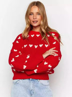 Women's Two-Tone Heart Jacquard Knit Sweater - Cute O-Neck Trendy Pullover