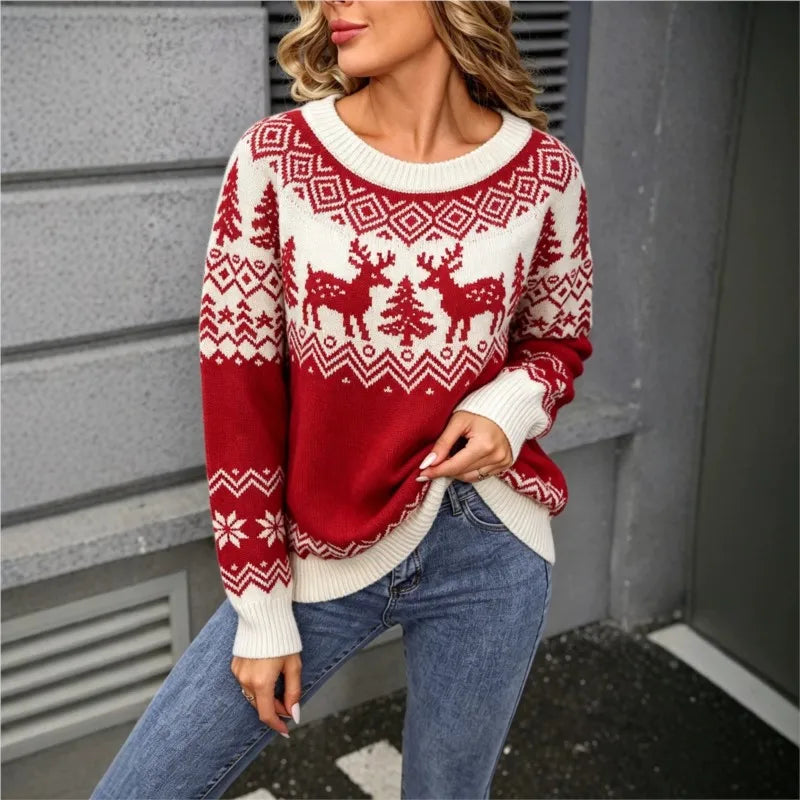 Freda | Women Reindeer Snowflake Fair Isle Christmas Knit Sweater