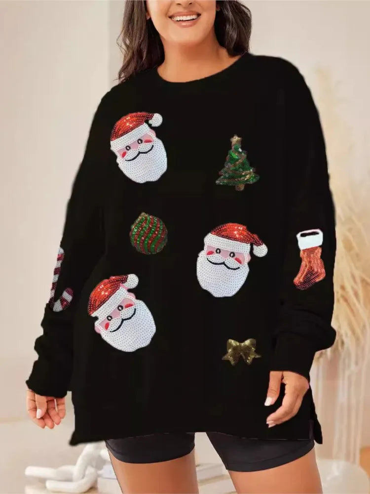 Nadia | Women Loose Fit Santa Print Crew Neck Christmas Sweatshirt