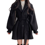 Women's Vintage Lantern Sleeve Woolen Coat - Single-Breasted Belted Winter Overcoat