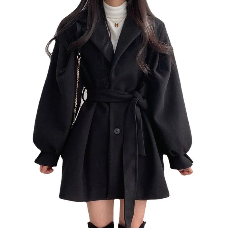 Women's Vintage Lantern Sleeve Woolen Coat - Single-Breasted Belted Winter Overcoat