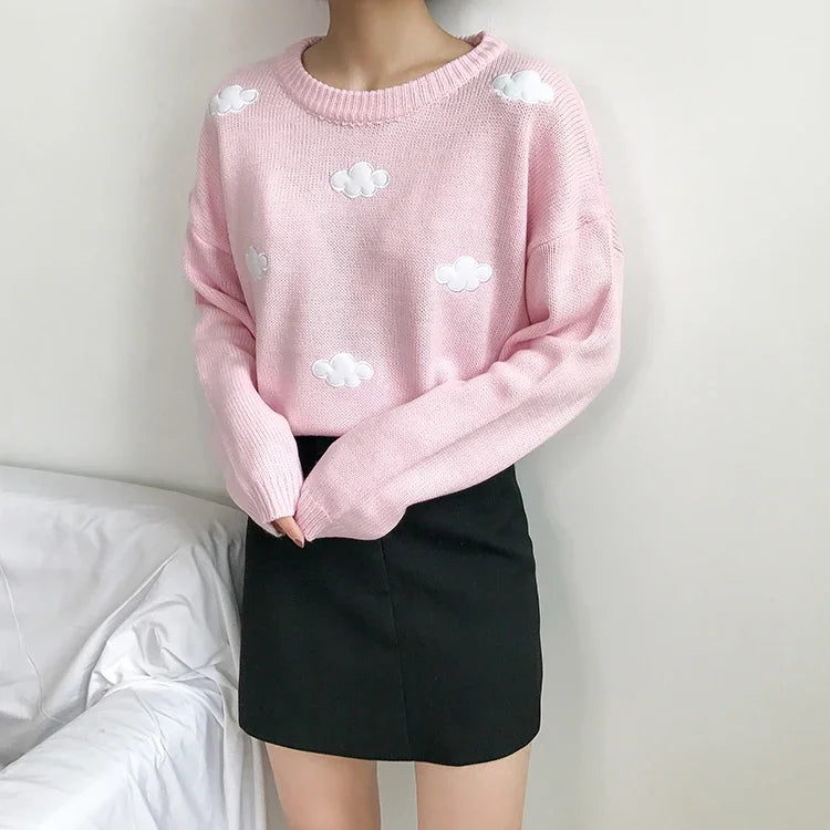 Women's Vintage Cloud Knit Sweater - Korean Style Loose Crewneck Pullover