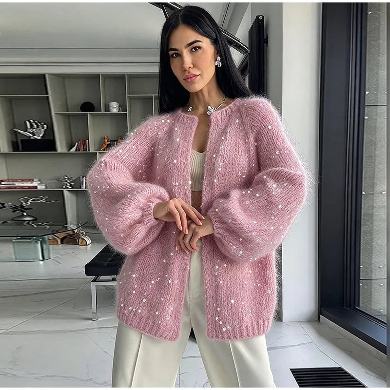 Ines | Women Loose Sequin Knit Cardigan