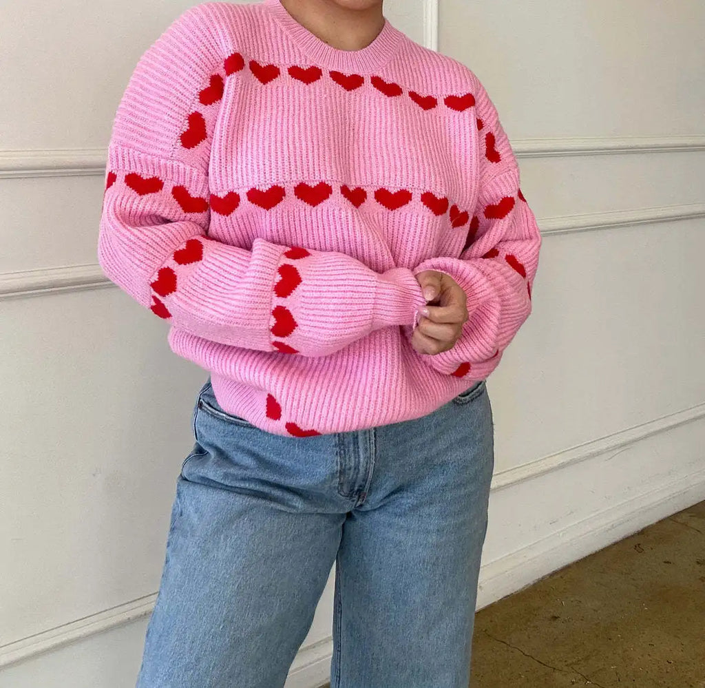 Women's Two-Tone Heart Jacquard Knit Sweater - Cute O-Neck Trendy Pullover