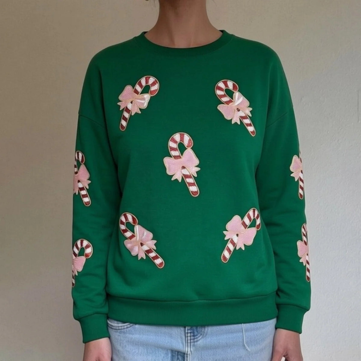 Matilda | Women Sequin Candy Cane Patch Christmas Sweatshirt