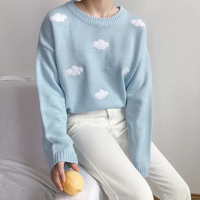 Women's Vintage Cloud Knit Sweater - Korean Style Loose Crewneck Pullover