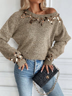 Thea | Women Sequin Round Neck Holiday Party Knit Sweater
