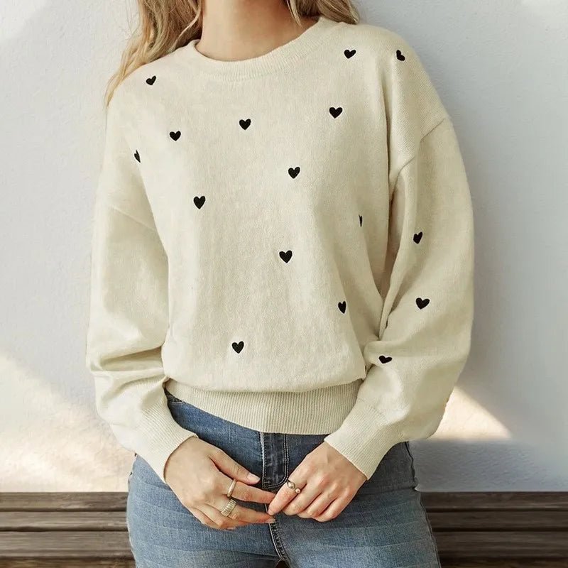 Women's Elegant Heart Jacquard Knit Sweater - Versatile Office Crewneck Pullover
