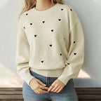 Women's Elegant Heart Jacquard Knit Sweater - Versatile Office Crewneck Pullover