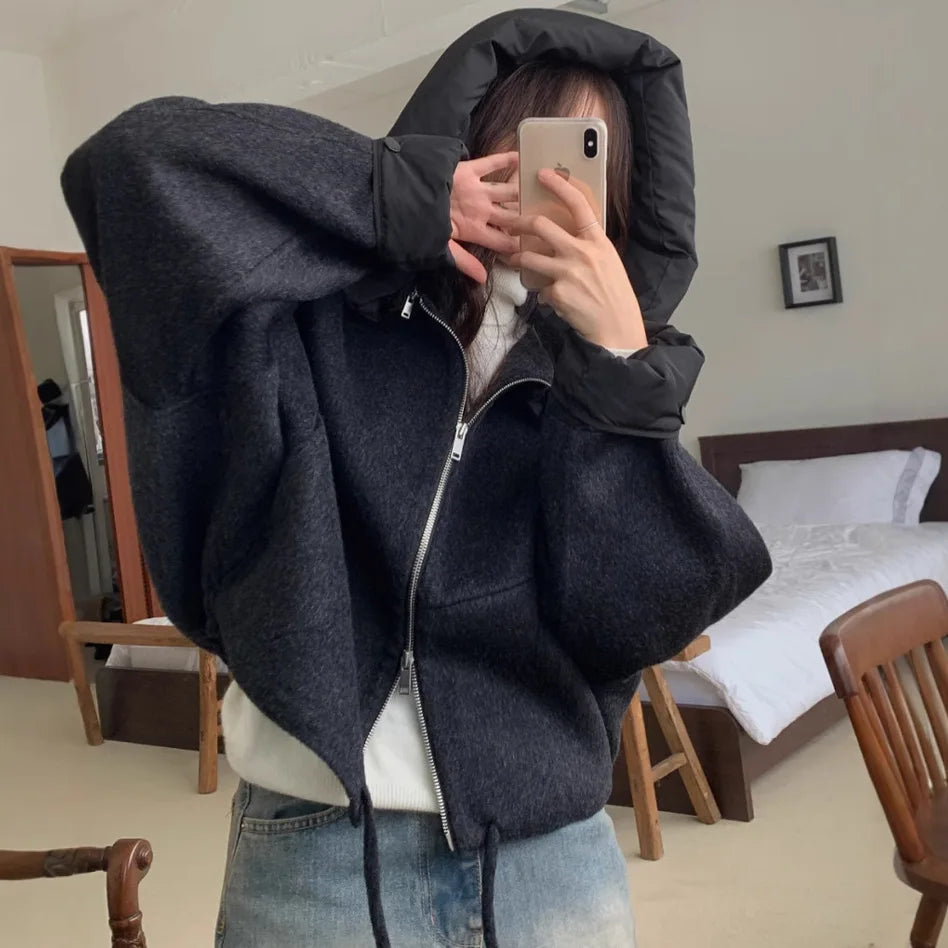 Women's Thick Warm Hooded Outwear - Cozy Solid Zip Woolen Coat