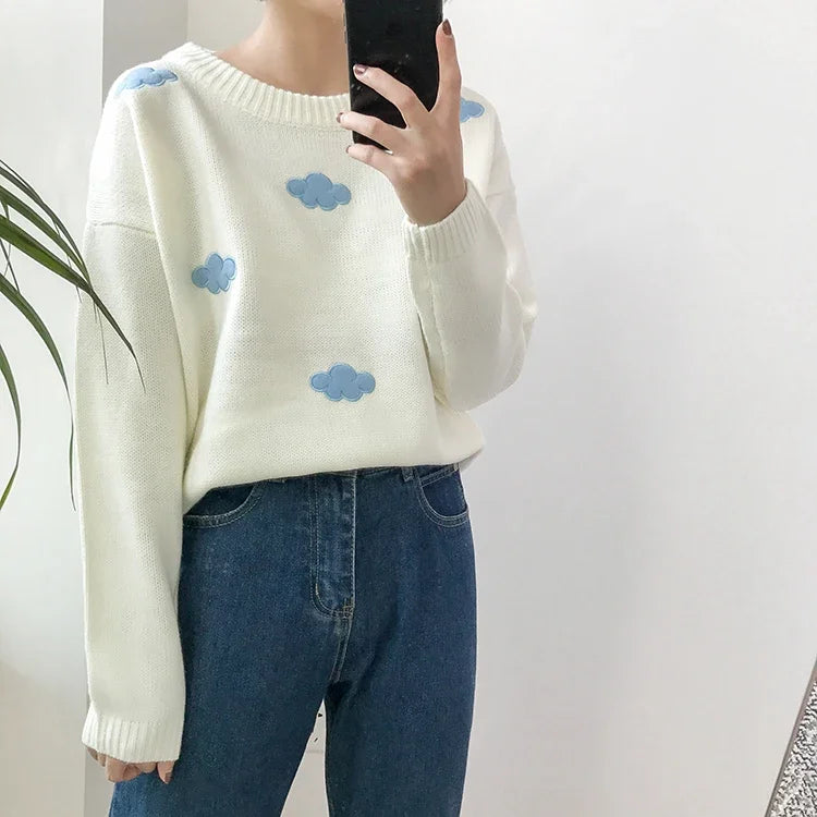 Women's Vintage Cloud Knit Sweater - Korean Style Loose Crewneck Pullover