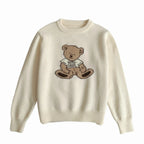 Women's Vintage Cartoon Bear Embroidered Knit Sweater - Harajuku Crewneck Pullover