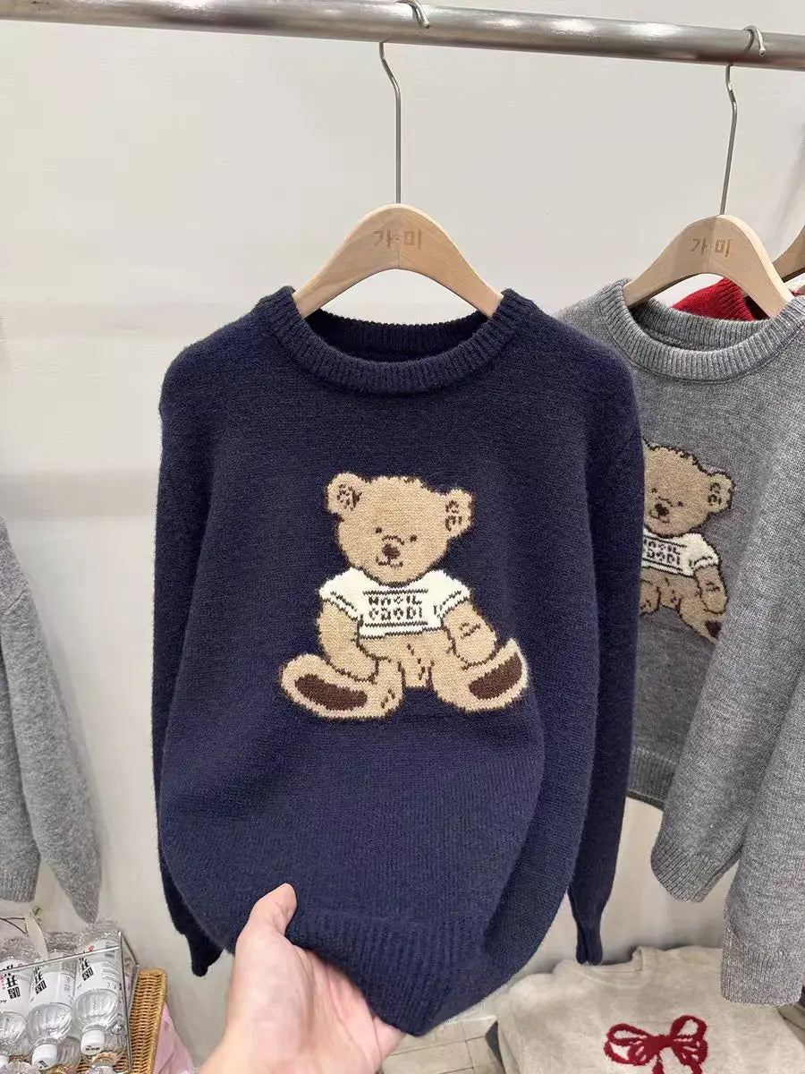 Women's Vintage Cartoon Bear Embroidered Knit Sweater - Harajuku Crewneck Pullover