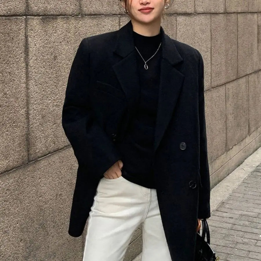 Women's British Style Thick Woolen Coat - Retro Loose Blazer Outcoat