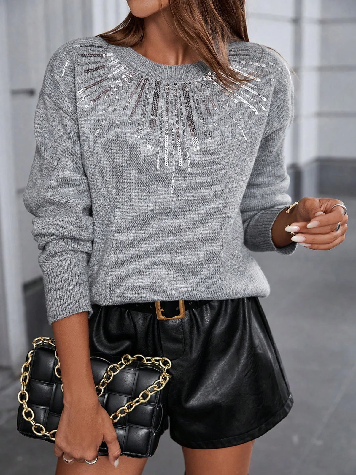 Coralie | Women Shiny Sequin Crew Neck Knit Sweater