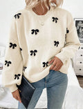 Women's Sweet Bow Jacquard Knit Sweater - Casual Loose Crewneck Pullover