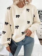 Women's Sweet Bow Jacquard Knit Sweater - Casual Loose Crewneck Pullover