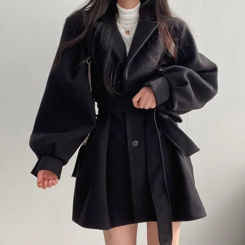Women's Vintage Lantern Sleeve Woolen Coat - Single-Breasted Belted Winter Overcoat