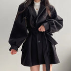 Women's Vintage Lantern Sleeve Woolen Coat - Single-Breasted Belted Winter Overcoat