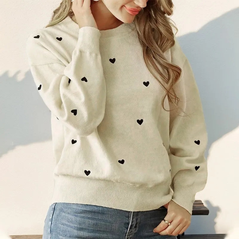 Women's Elegant Heart Jacquard Knit Sweater - Versatile Office Crewneck Pullover