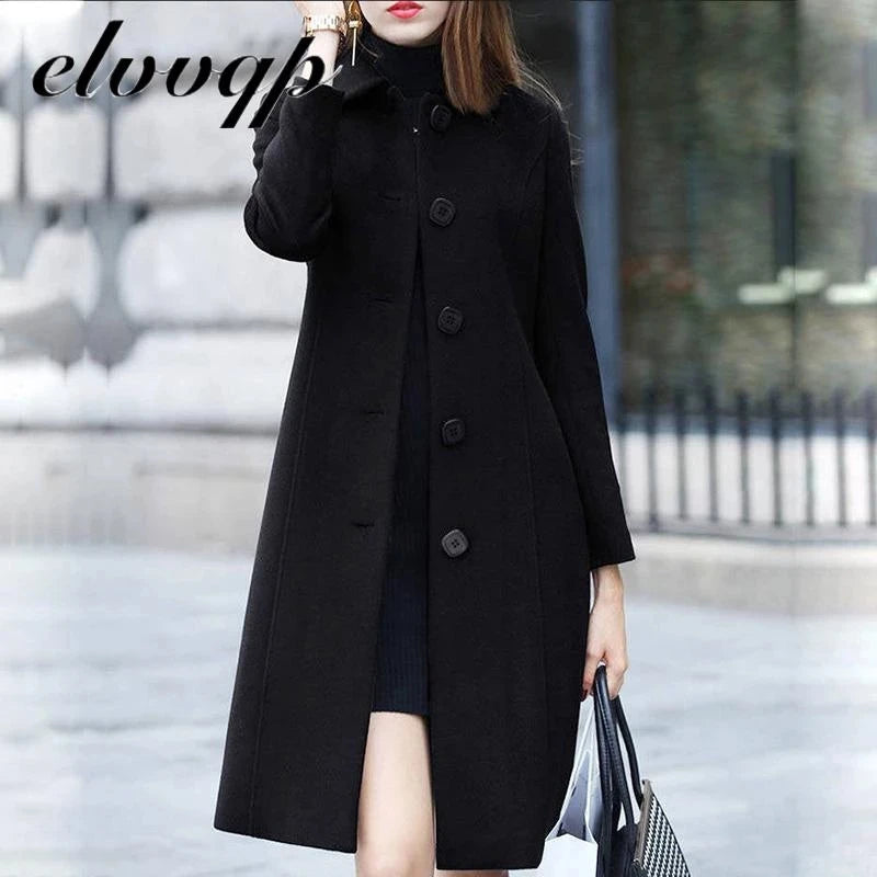 Women's Classic Solid Button Wool Jacket - Chic Long-Sleeve Pocket Outwear