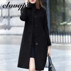 Women's Classic Solid Button Wool Jacket - Chic Long-Sleeve Pocket Outwear