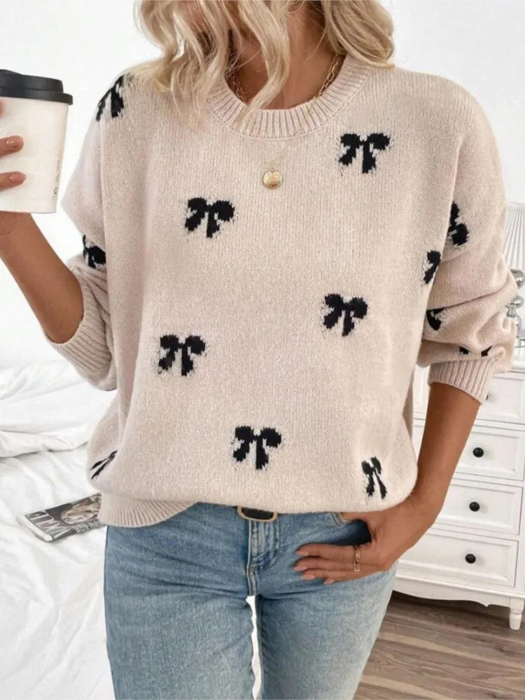 Women's Sweet Bow Jacquard Knit Sweater - Casual Loose Crewneck Pullover
