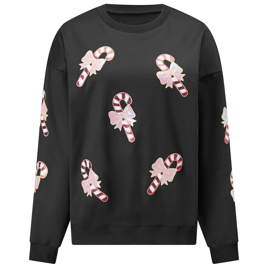 Matilda | Women Sequin Candy Cane Patch Christmas Sweatshirt