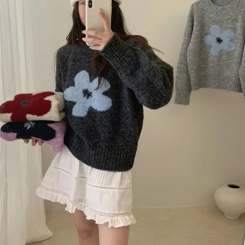 Women's Sweet Floral Print Knit Sweater - Casual Loose Fall Pullover
