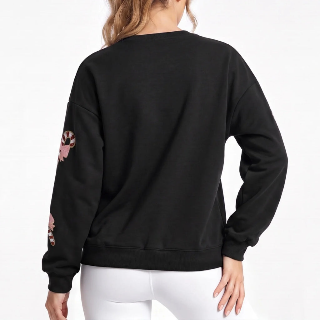 Matilda | Women Sequin Candy Cane Patch Christmas Sweatshirt