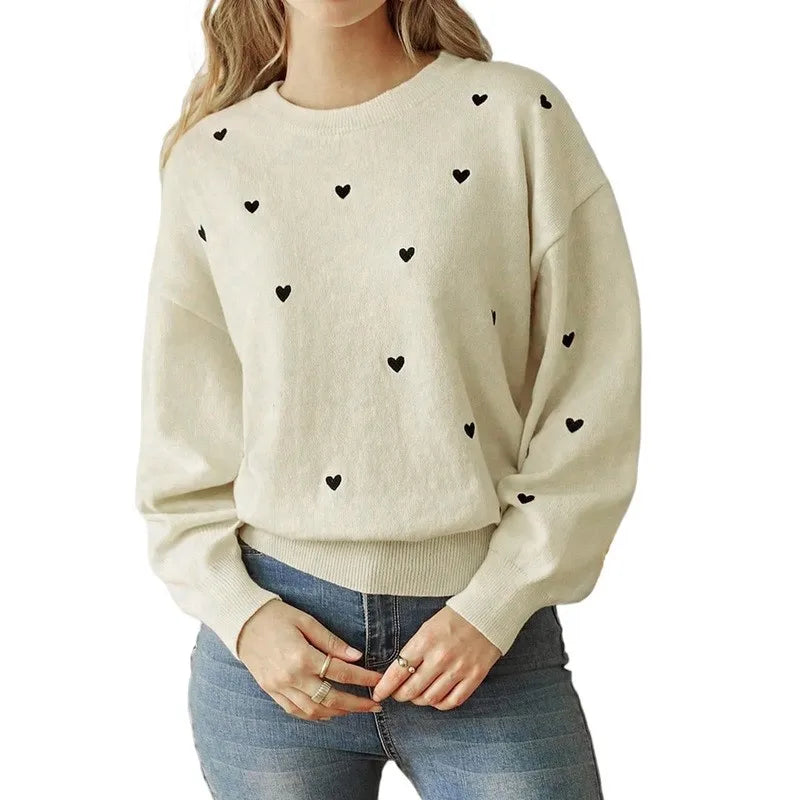 Women's Elegant Heart Jacquard Knit Sweater - Versatile Office Crewneck Pullover