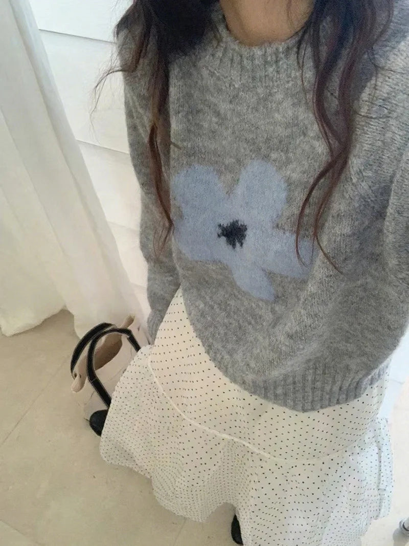 Women's Sweet Floral Print Knit Sweater - Casual Loose Fall Pullover