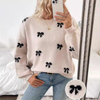 Women's Sweet Bow Jacquard Knit Sweater - Casual Loose Crewneck Pullover